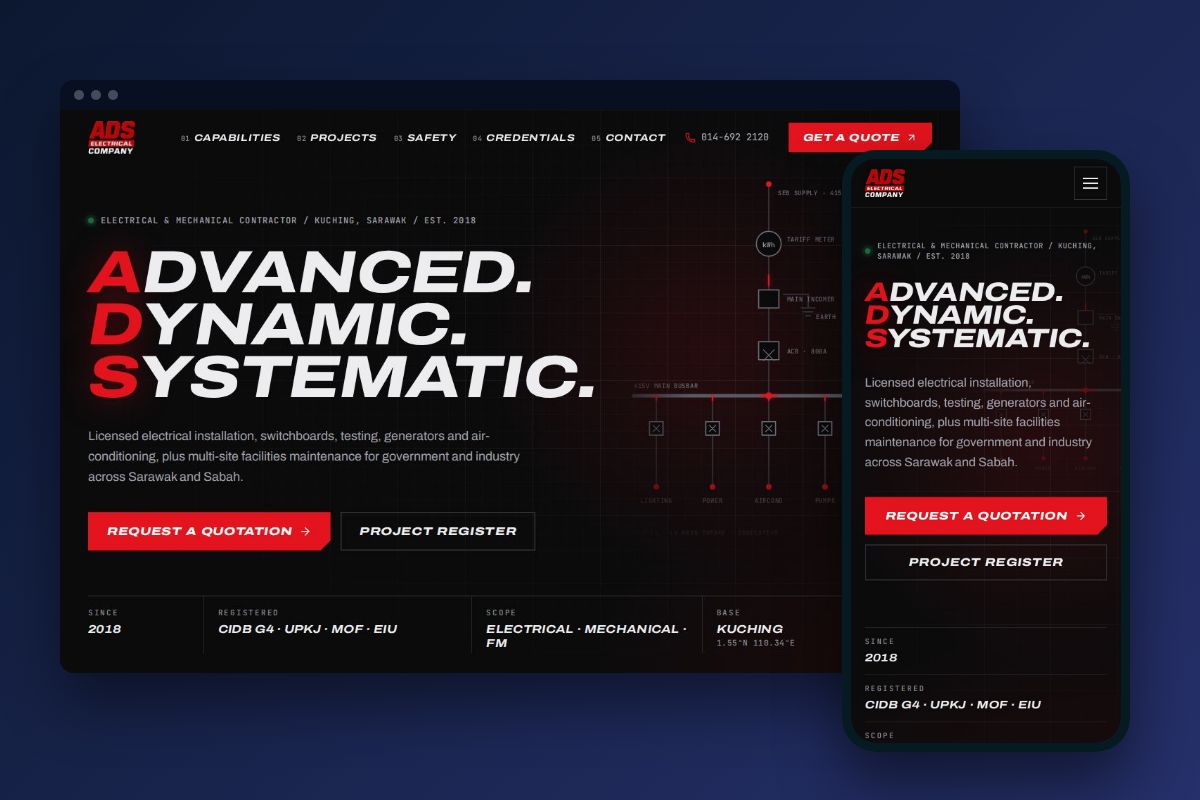 Website ADS Electrical Company dipaparkan di komputer riba dan telefon